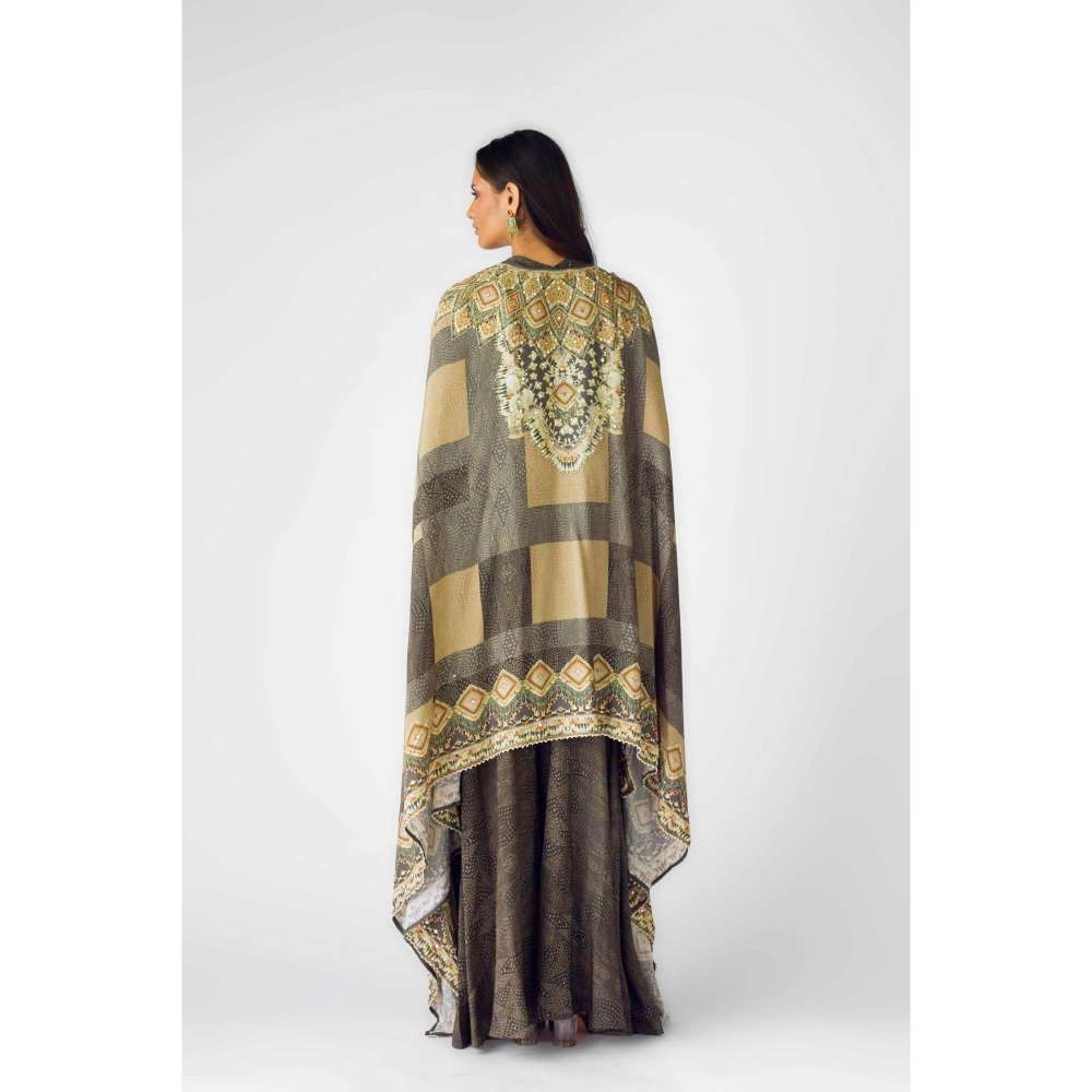 Basanti Kapde aur Koffee Womens Printed Brown Crop Top with Palazzo and Cape (Set of 3)