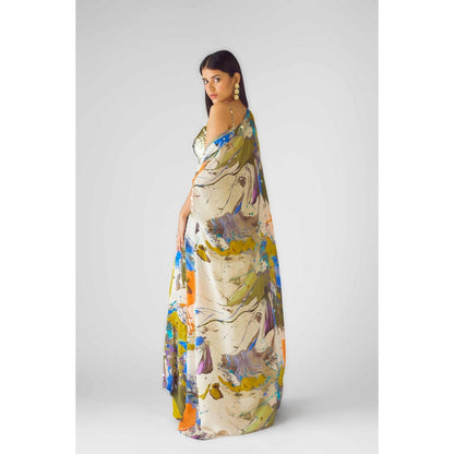 Basanti Kapde aur Koffee Womens Printed Multi-Color Crop Top with Skirt and Cape (Set of 3)