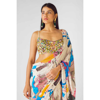 Basanti Kapde aur Koffee Womens Printed Multi-Color Saree with Stitched Blouse