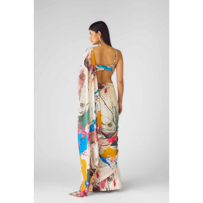 Basanti Kapde aur Koffee Womens Printed Multi-Color Saree with Stitched Blouse