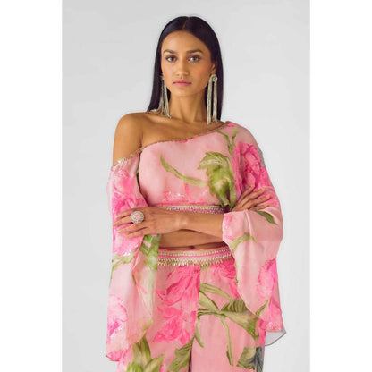 Basanti Kapde aur Koffee Womens Printed Pink Crop Top with Sharara (Set of 2)