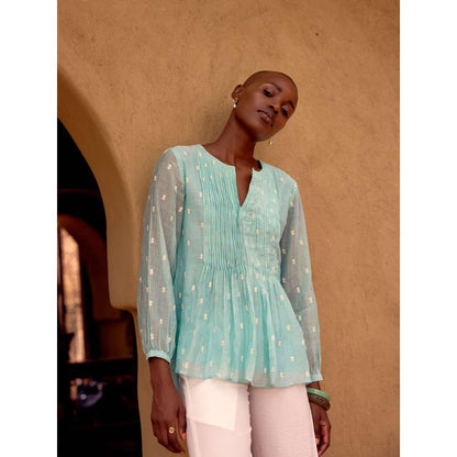 Basanti Kapde aur Koffee Blue Firozi Embroidered Cotton Tunic