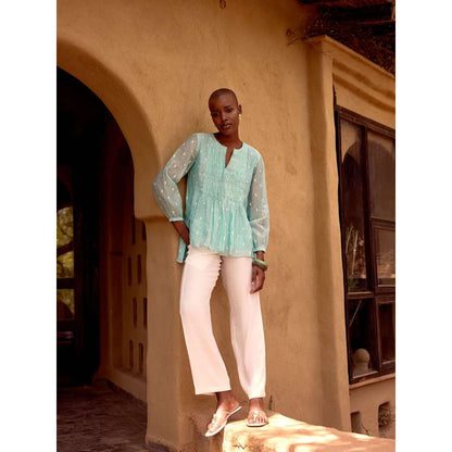 Basanti Kapde aur Koffee Blue Firozi Embroidered Cotton Tunic