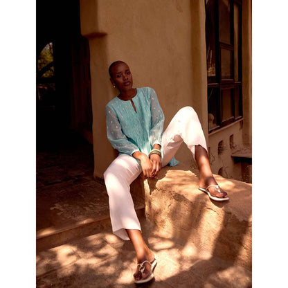 Basanti Kapde aur Koffee Blue Firozi Embroidered Cotton Tunic