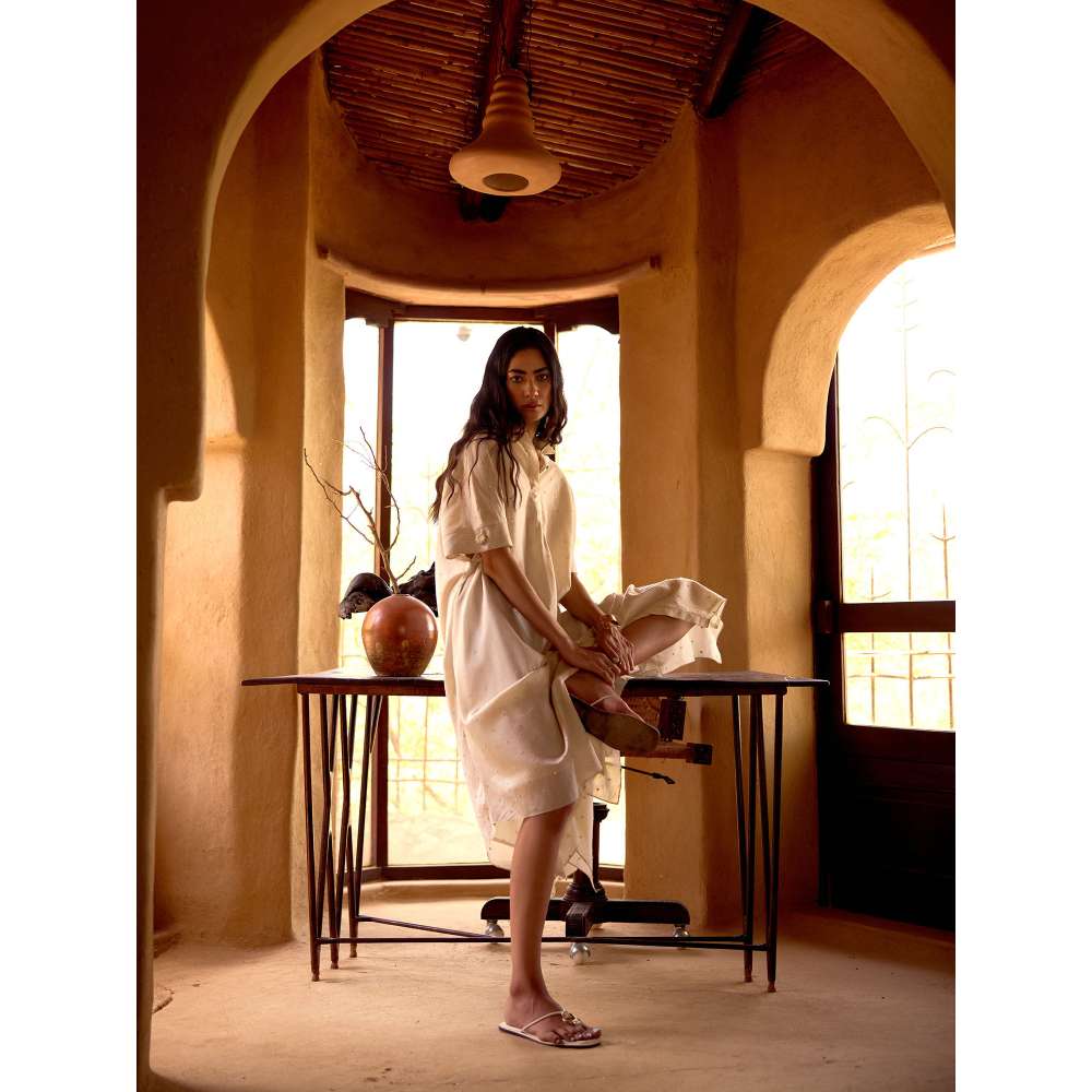 Basanti Kapde aur Koffee Ivory Empress Cotton Chanderi Embroidered Dress