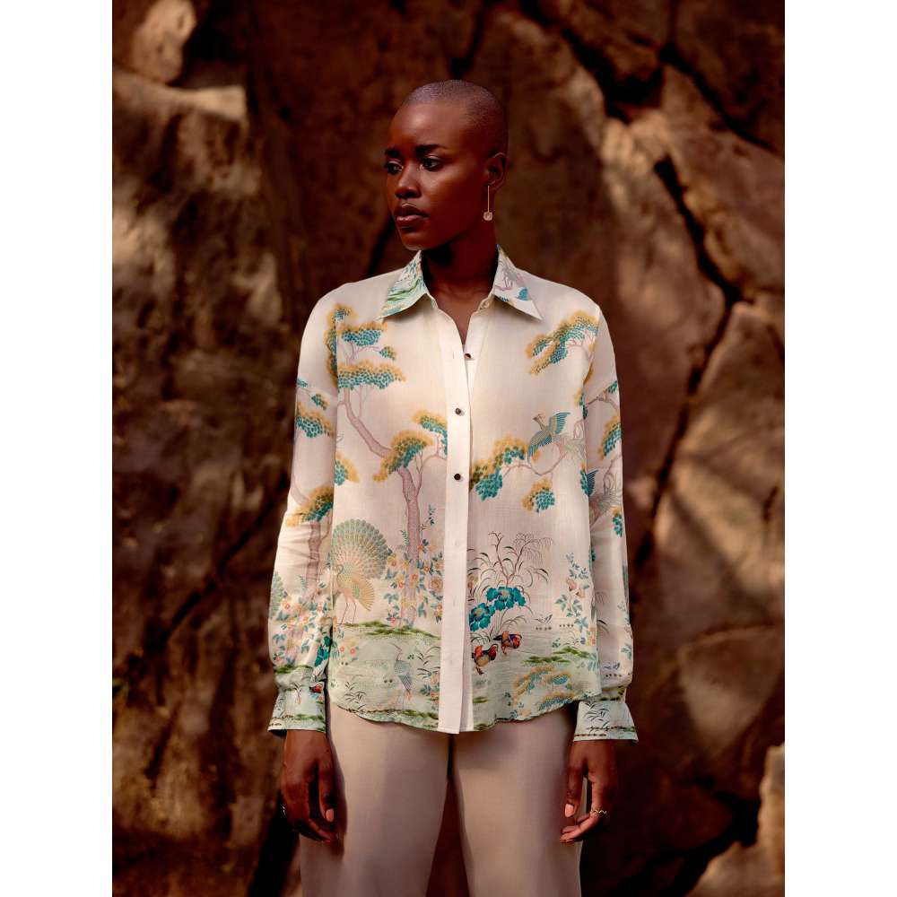 Basanti Kapde aur Koffee Ivory Wild Silk Peacock Garden Shirt