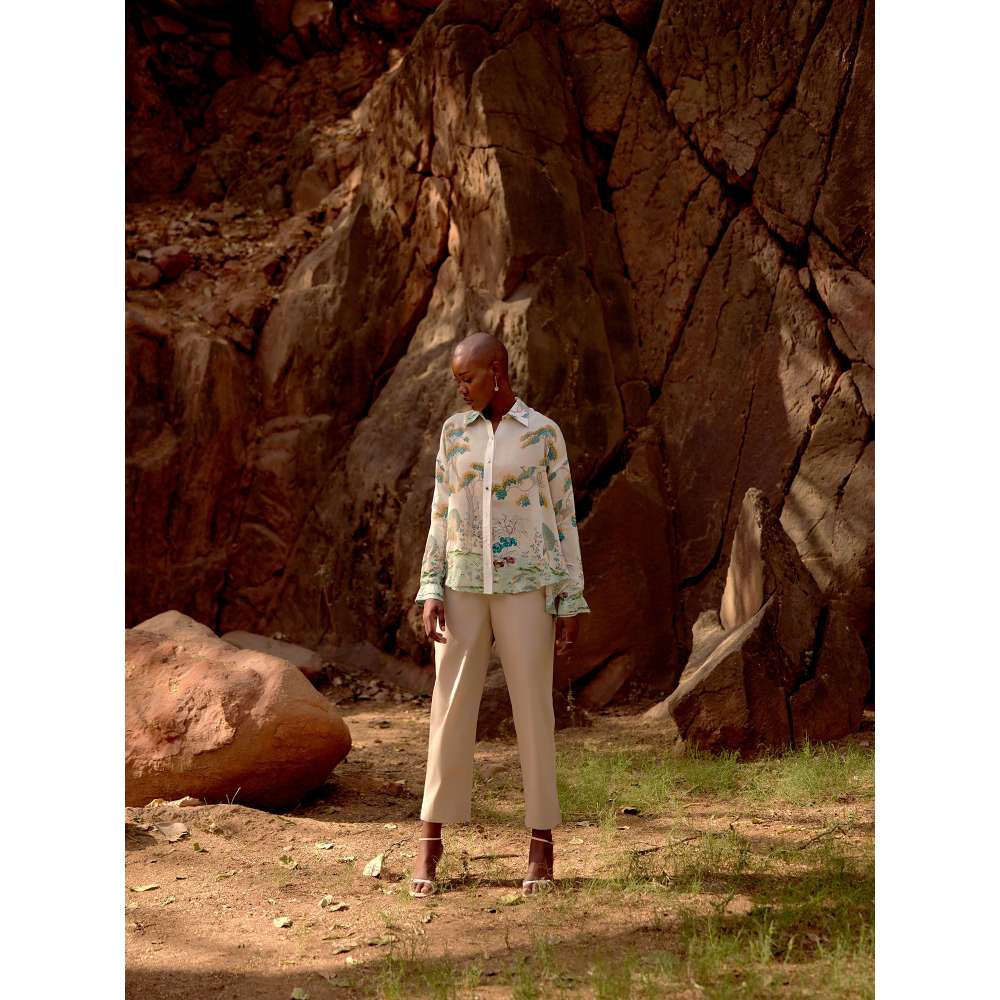 Basanti Kapde aur Koffee Ivory Wild Silk Peacock Garden Shirt