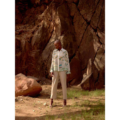 Basanti Kapde aur Koffee Ivory Wild Silk Peacock Garden Shirt