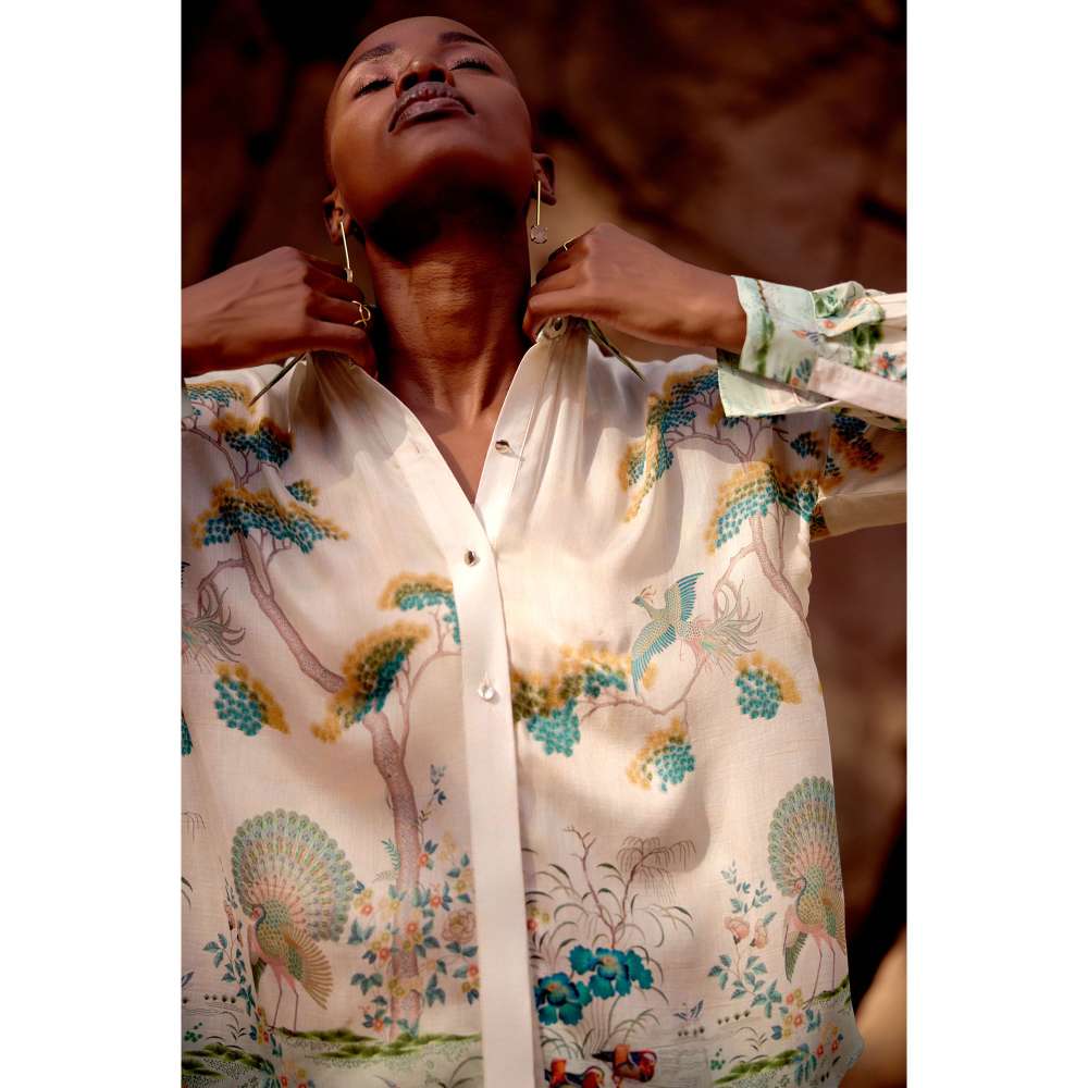 Basanti Kapde aur Koffee Ivory Wild Silk Peacock Garden Shirt