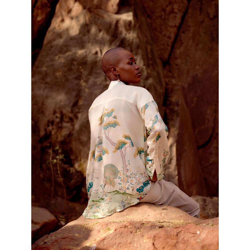 Basanti Kapde aur Koffee Ivory Wild Silk Peacock Garden Shirt
