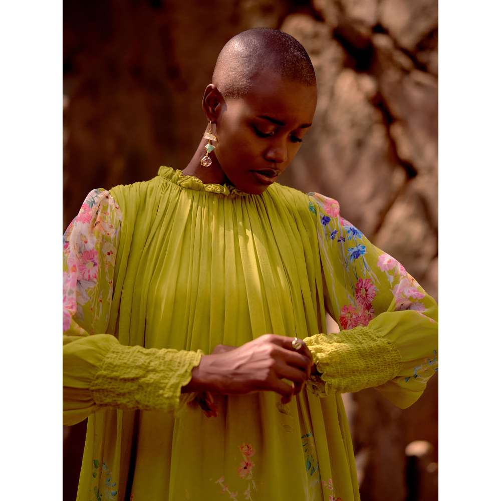 Basanti Kapde aur Koffee Green Georgette Embroidered Flora Flow Dress