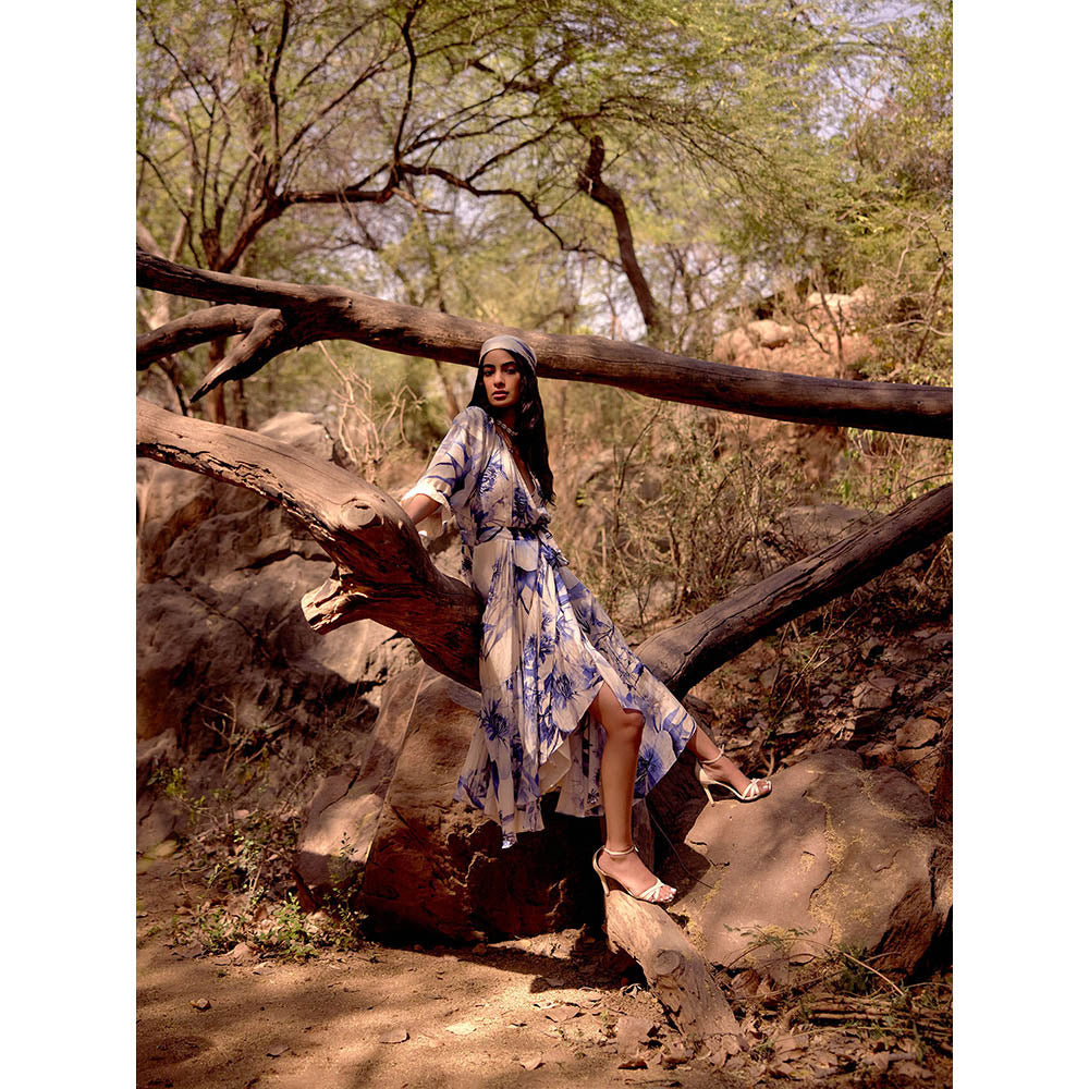 Basanti Kapde aur Koffee Blue Printed The Azure Bloom Muslin Dress