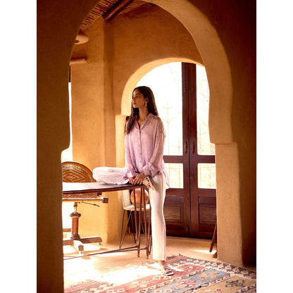 Basanti Kapde aur Koffee Purple Chinnon Pearl Embroidered Shirt