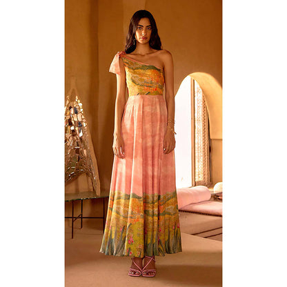 Basanti Kapde aur Koffee Blush Meadow Muslin Maxi Dress