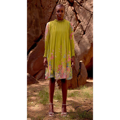 Basanti Kapde aur Koffee Lime Georgette Embroidered Flora Flow Knee Length Dress