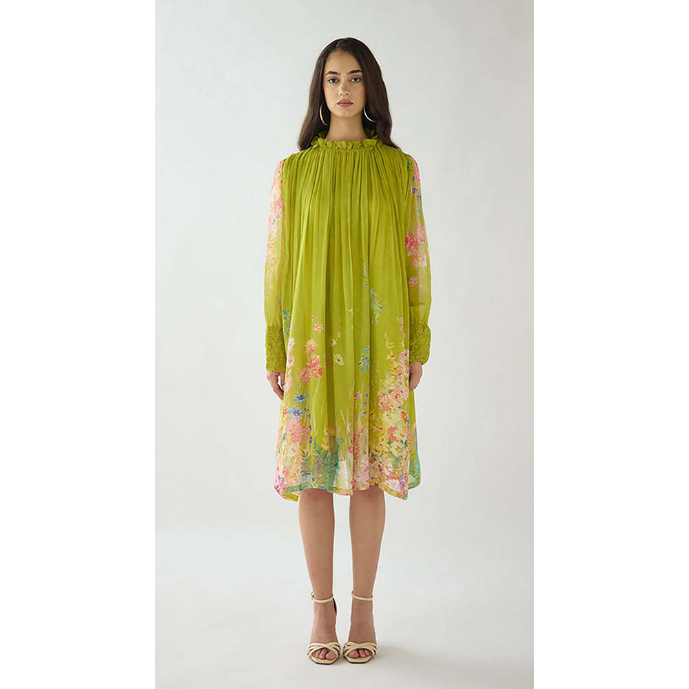 Basanti Kapde aur Koffee Lime Georgette Embroidered Flora Flow Knee Length Dress