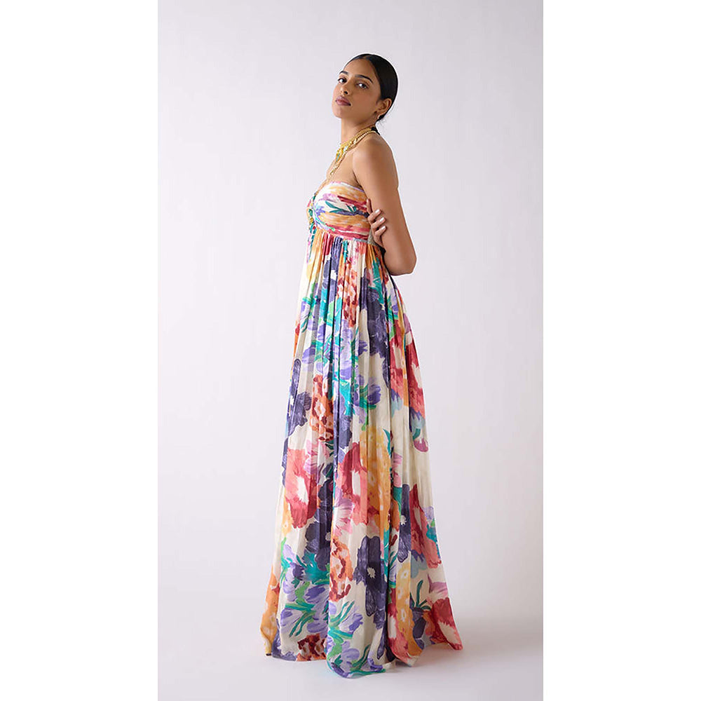 Basanti Kapde aur Koffee Multi Muslin Floral Maxi Dress