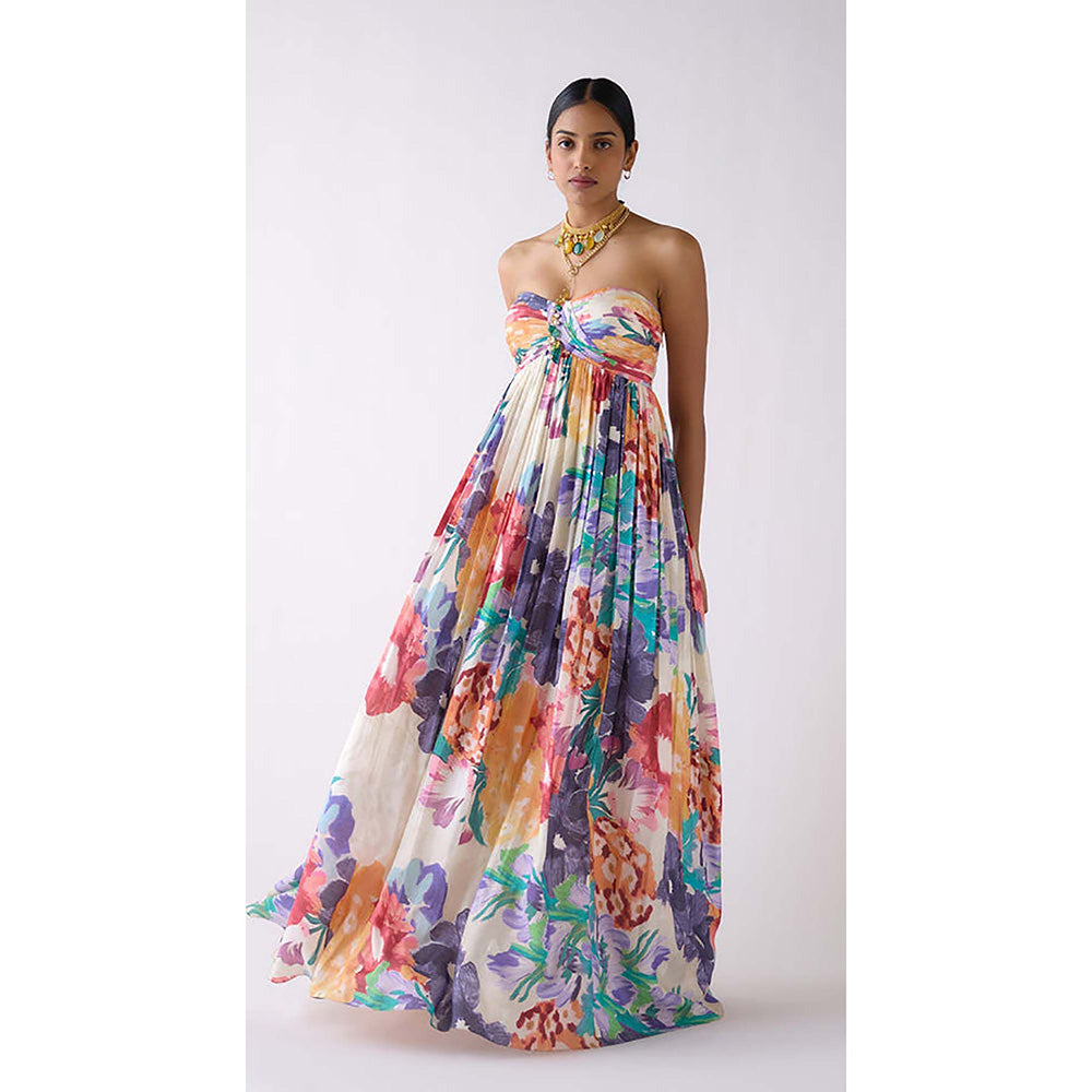 Basanti Kapde aur Koffee Multi Muslin Floral Maxi Dress