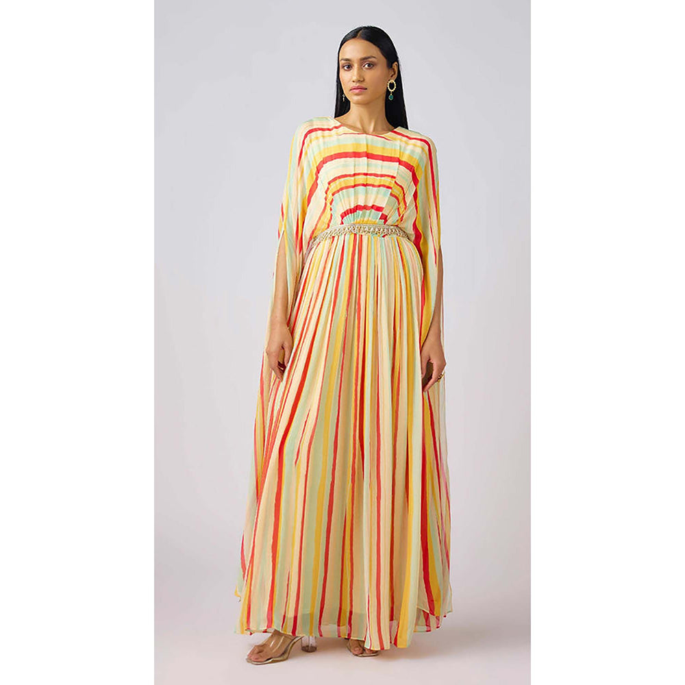 Basanti Kapde aur Koffee Yellow Georgette Abstract Embellished Maxi Dress