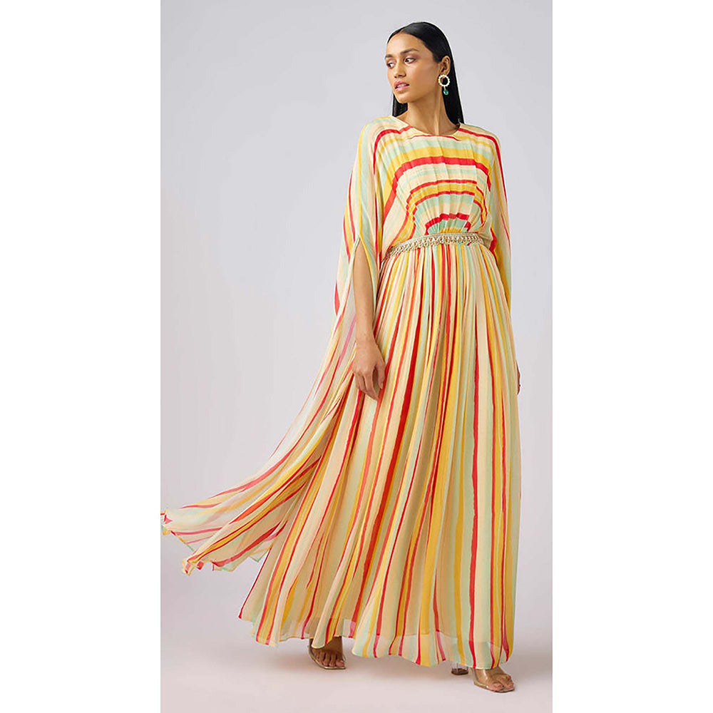 Basanti Kapde aur Koffee Yellow Georgette Abstract Embellished Maxi Dress