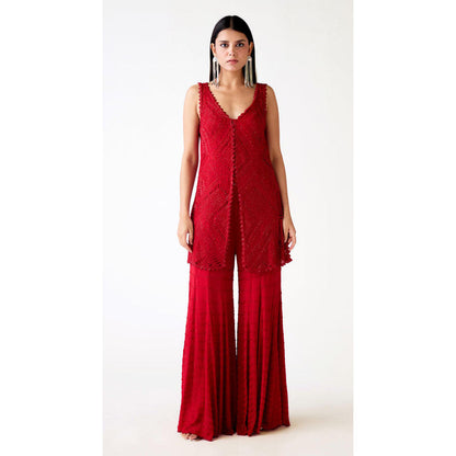 Basanti Kapde aur Koffee Red Georgette Embroidered Sharara With Kurta