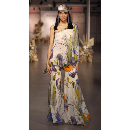 Basanti Kapde aur Koffee The Abstract Strokes One Shoulder Sharara With Bustier And Cape