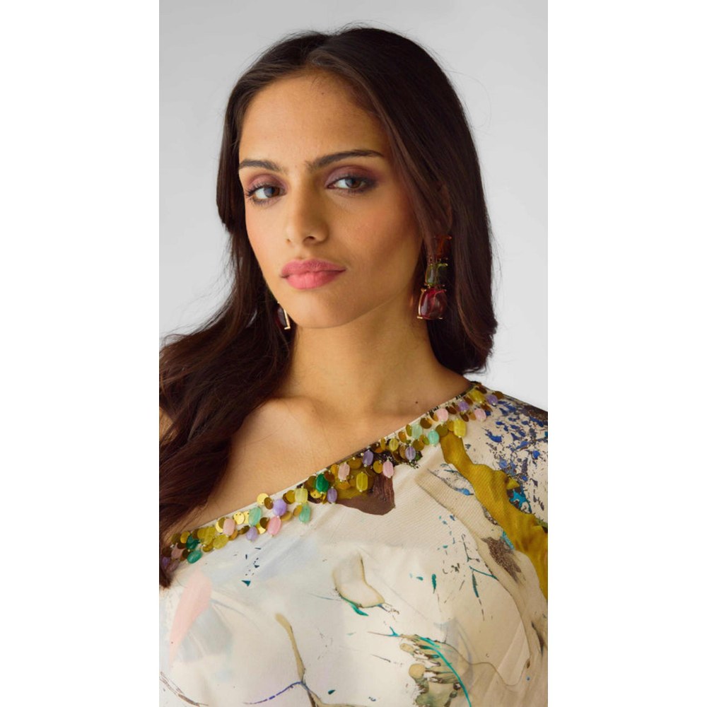 Basanti Kapde aur Koffee The Abstract Strokes One Shoulder Sharara With Bustier And Cape