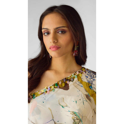 Basanti Kapde aur Koffee The Abstract Strokes One Shoulder Sharara With Bustier And Cape