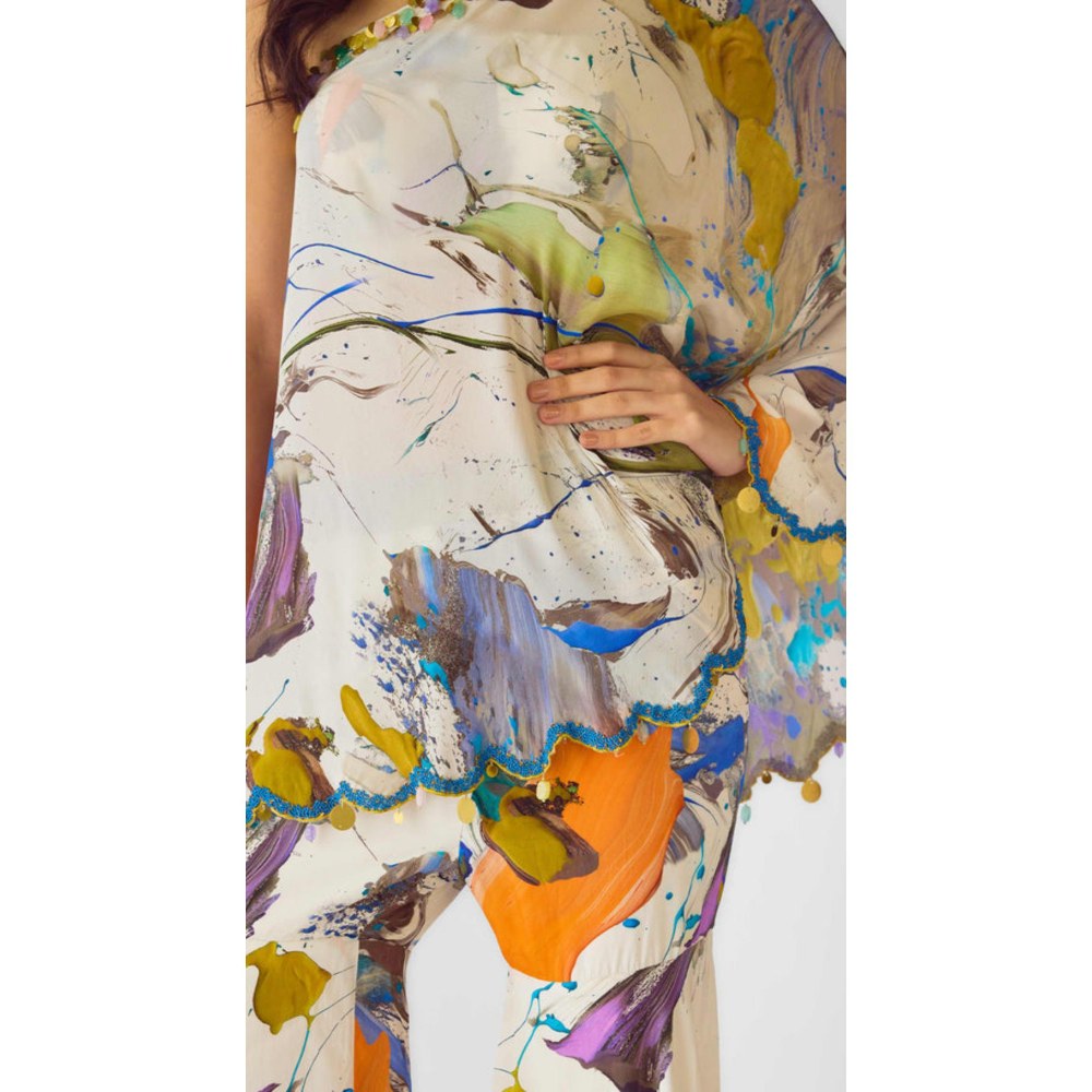 Basanti Kapde aur Koffee The Abstract Strokes One Shoulder Sharara With Bustier And Cape