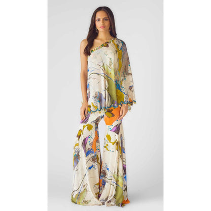 Basanti Kapde aur Koffee The Abstract Strokes One Shoulder Sharara With Bustier And Cape