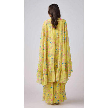 Basanti Kapde aur Koffee Yellow Floral Print Sharara With Cape And Bustier