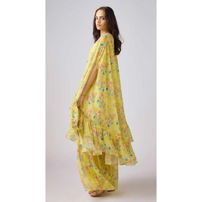 Basanti Kapde aur Koffee Yellow Floral Print Sharara With Cape And Bustier