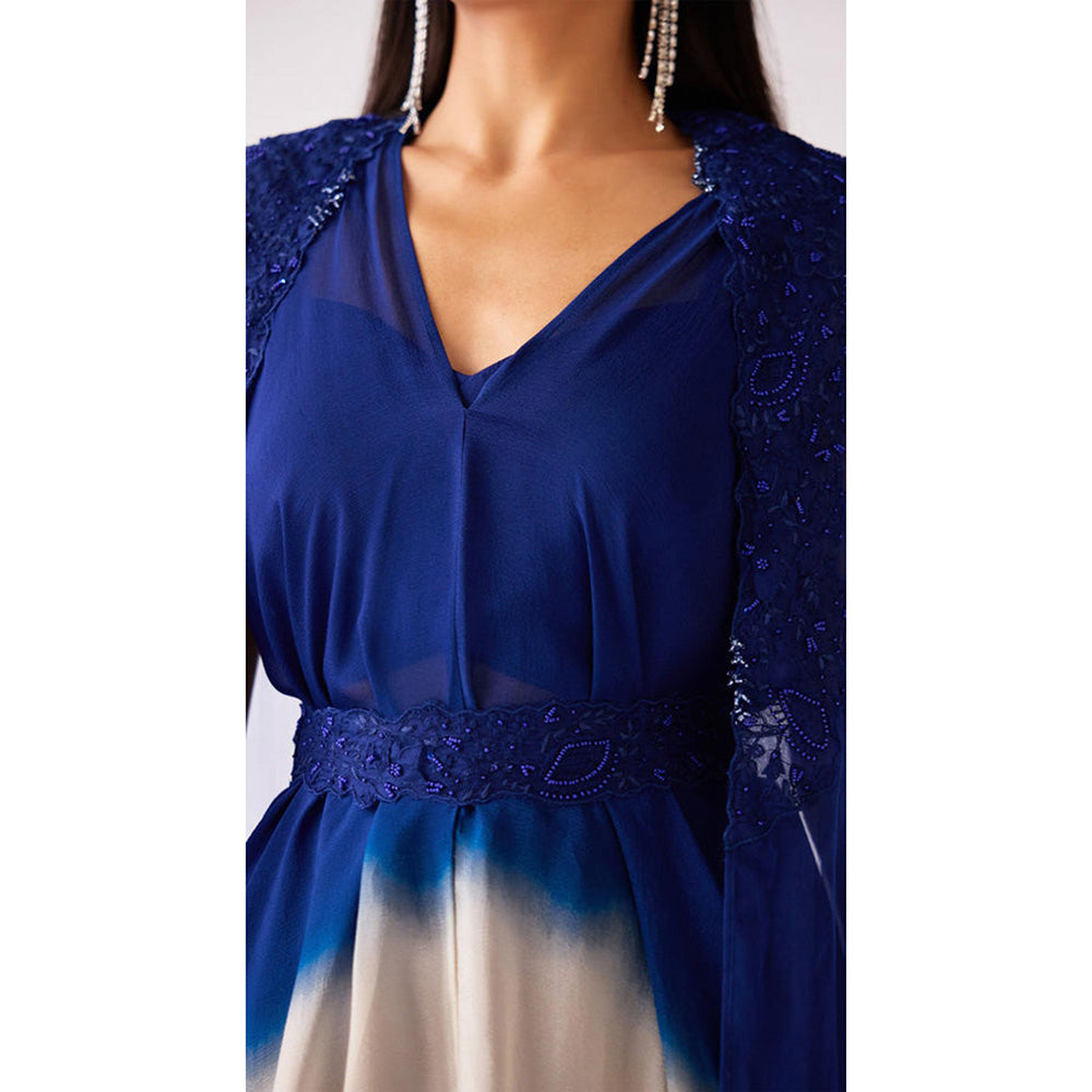 Basanti Kapde aur Koffee Blue Chinon Embroidered Cape With Sharara Bustier And Belt