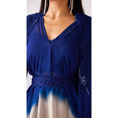 Basanti Kapde aur Koffee Blue Chinon Embroidered Cape With Sharara Bustier And Belt