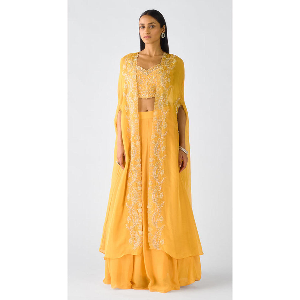 Basanti Kapde aur Koffee Yellow Chiffon Embroidered Cape With Blouse And Sharara