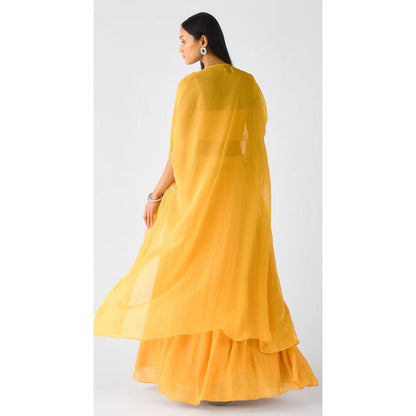 Basanti Kapde aur Koffee Yellow Chiffon Embroidered Cape With Blouse And Sharara