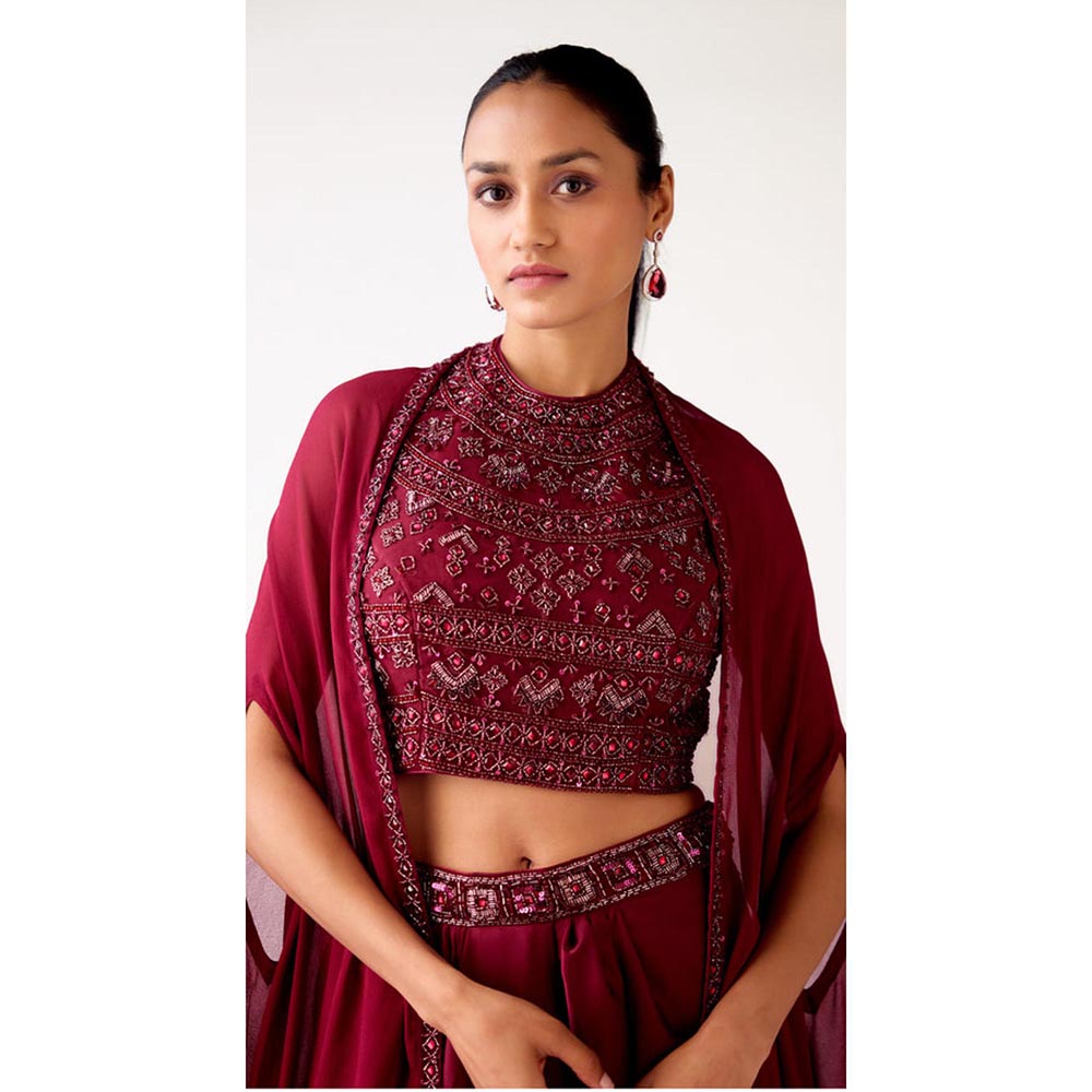 Basanti Kapde aur Koffee Maroon Satin Embroidered Cape With Skirt And Bustier