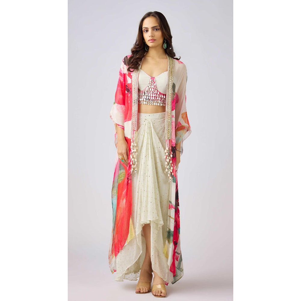 Basanti Kapde aur Koffee Multi Crepe Embroidered Floral Cape With Skirt And Bustier