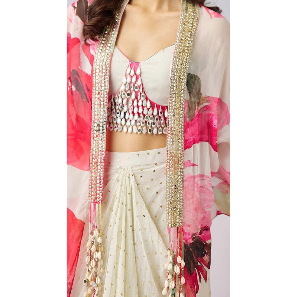 Basanti Kapde aur Koffee Multi Crepe Embroidered Floral Cape With Skirt And Bustier