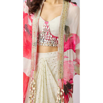 Basanti Kapde aur Koffee Multi Crepe Embroidered Floral Cape With Skirt And Bustier