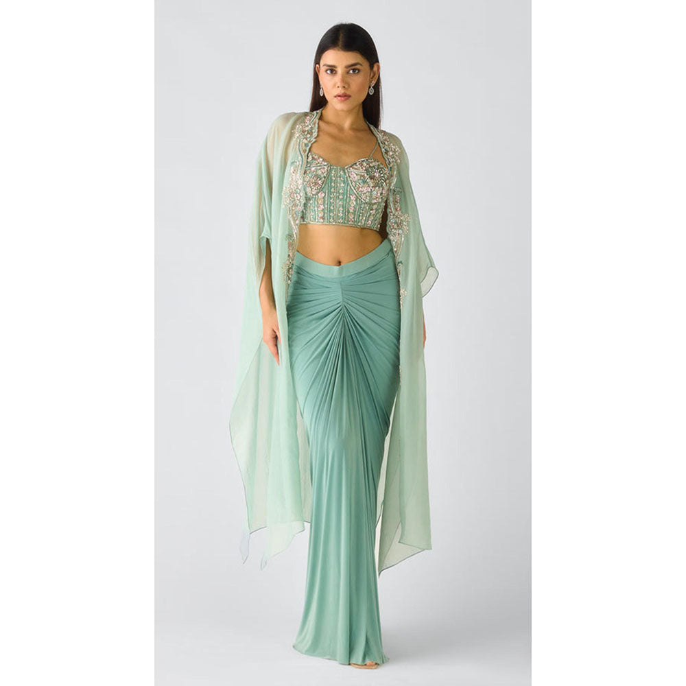 Basanti Kapde aur Koffee Aqua Viscose Organza Embroidered Cape With Bustier And Draped Skirt