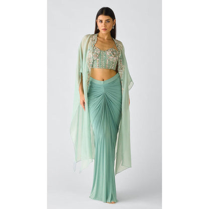 Basanti Kapde aur Koffee Aqua Viscose Organza Embroidered Cape With Bustier And Draped Skirt