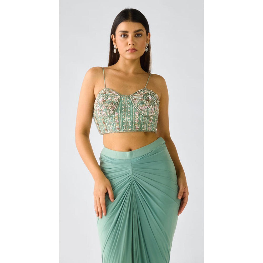Basanti Kapde aur Koffee Aqua Viscose Organza Embroidered Cape With Bustier And Draped Skirt