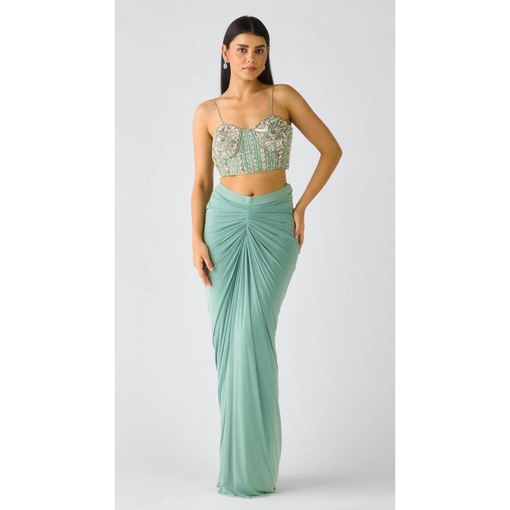 Basanti Kapde aur Koffee Aqua Viscose Organza Embroidered Cape With Bustier And Draped Skirt