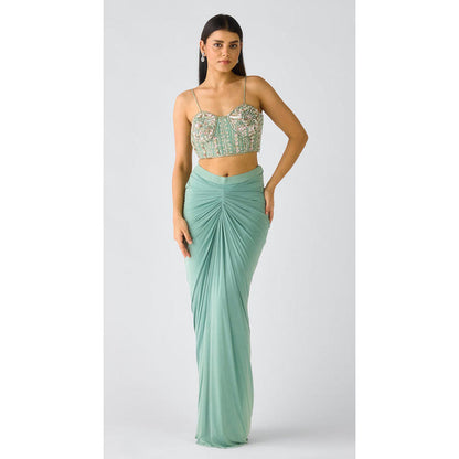 Basanti Kapde aur Koffee Aqua Viscose Organza Embroidered Cape With Bustier And Draped Skirt