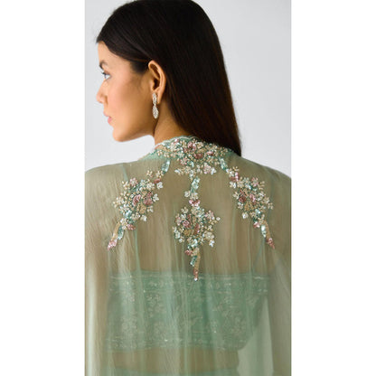 Basanti Kapde aur Koffee Aqua Viscose Organza Embroidered Cape With Bustier And Draped Skirt