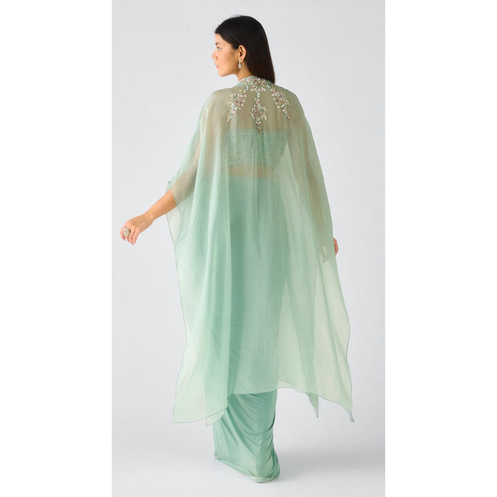 Basanti Kapde aur Koffee Aqua Viscose Organza Embroidered Cape With Bustier And Draped Skirt
