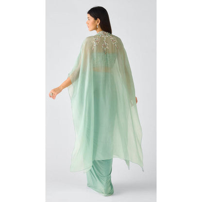 Basanti Kapde aur Koffee Aqua Viscose Organza Embroidered Cape With Bustier And Draped Skirt