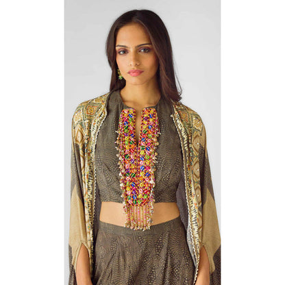Basanti Kapde aur Koffee Beige Muslin Embroidered Cape With Bustier And Dupatta