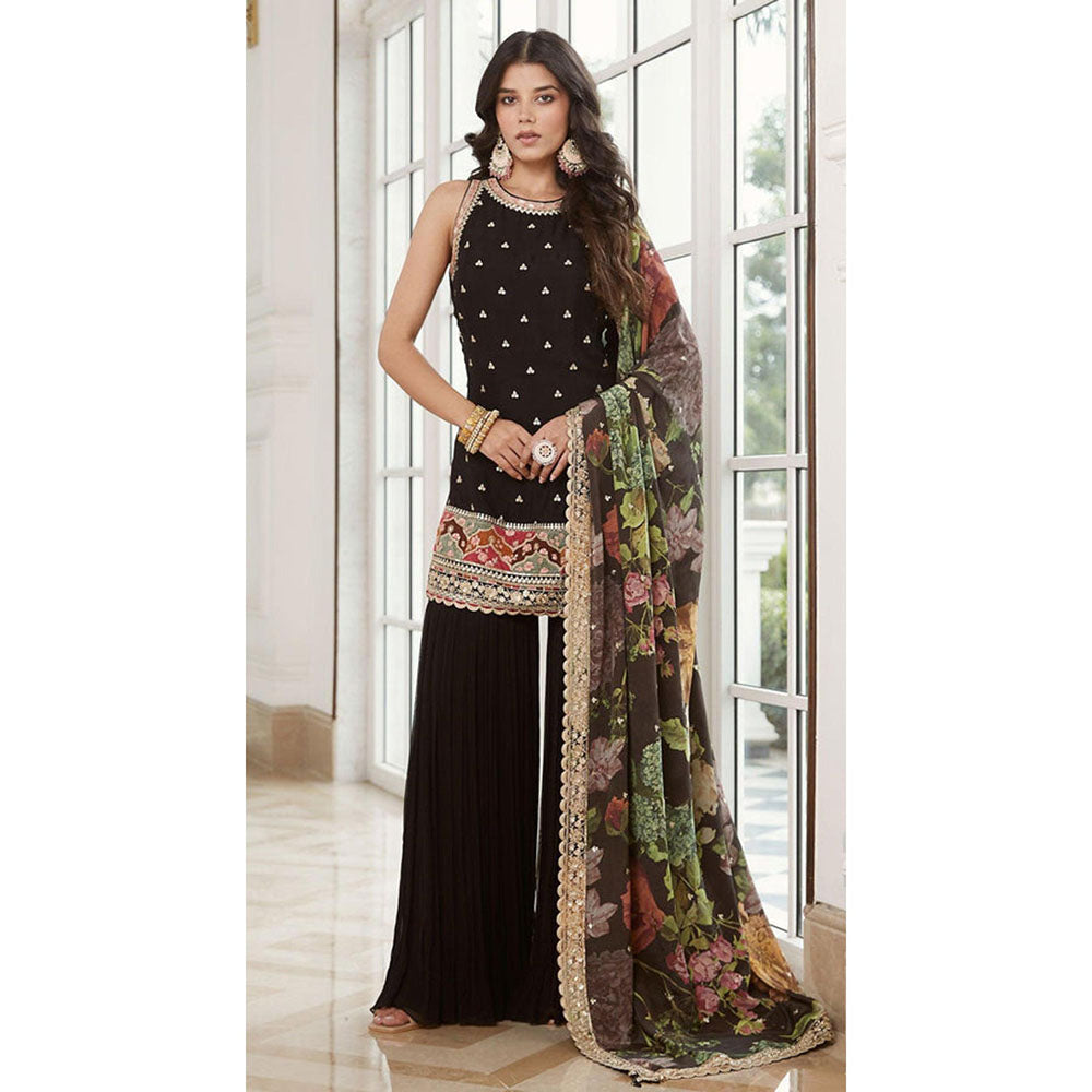 Basanti Kapde aur Koffee Black Georgette Kurta With Sharara And Dupatta